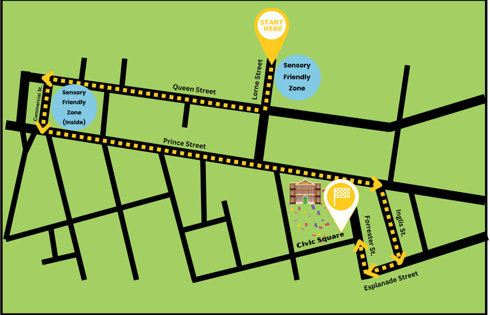 A map describing the parade route for the 2026 Truro Pride Parade. The parade will start on Lorne Street, turn right onto Queen Street, turn left onto Commercial Street, turn left onto Prince Street, turn right onto Inglis Street, turn right onto Esplanade Street, and turn right onto Forrester Street before concluding near Civic Square. There are two sensory friendly zones marked, outside on Lorne Street and inside the Queens Business Centre on Commercial Street.